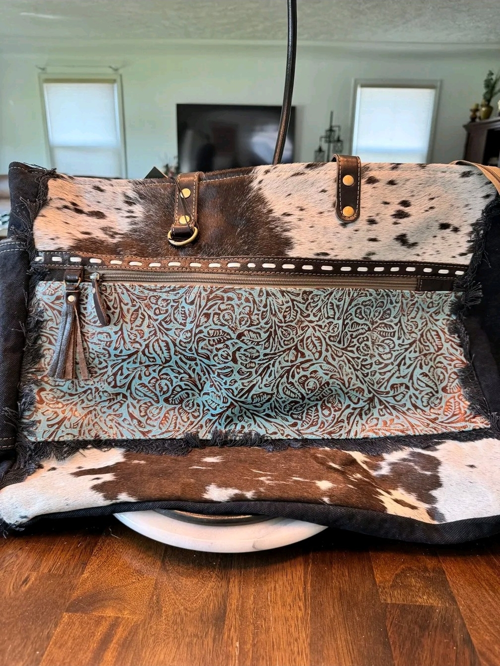 Cowhide Tote Bag with Turquoise Floral Tooled Accent Weekender Brand New